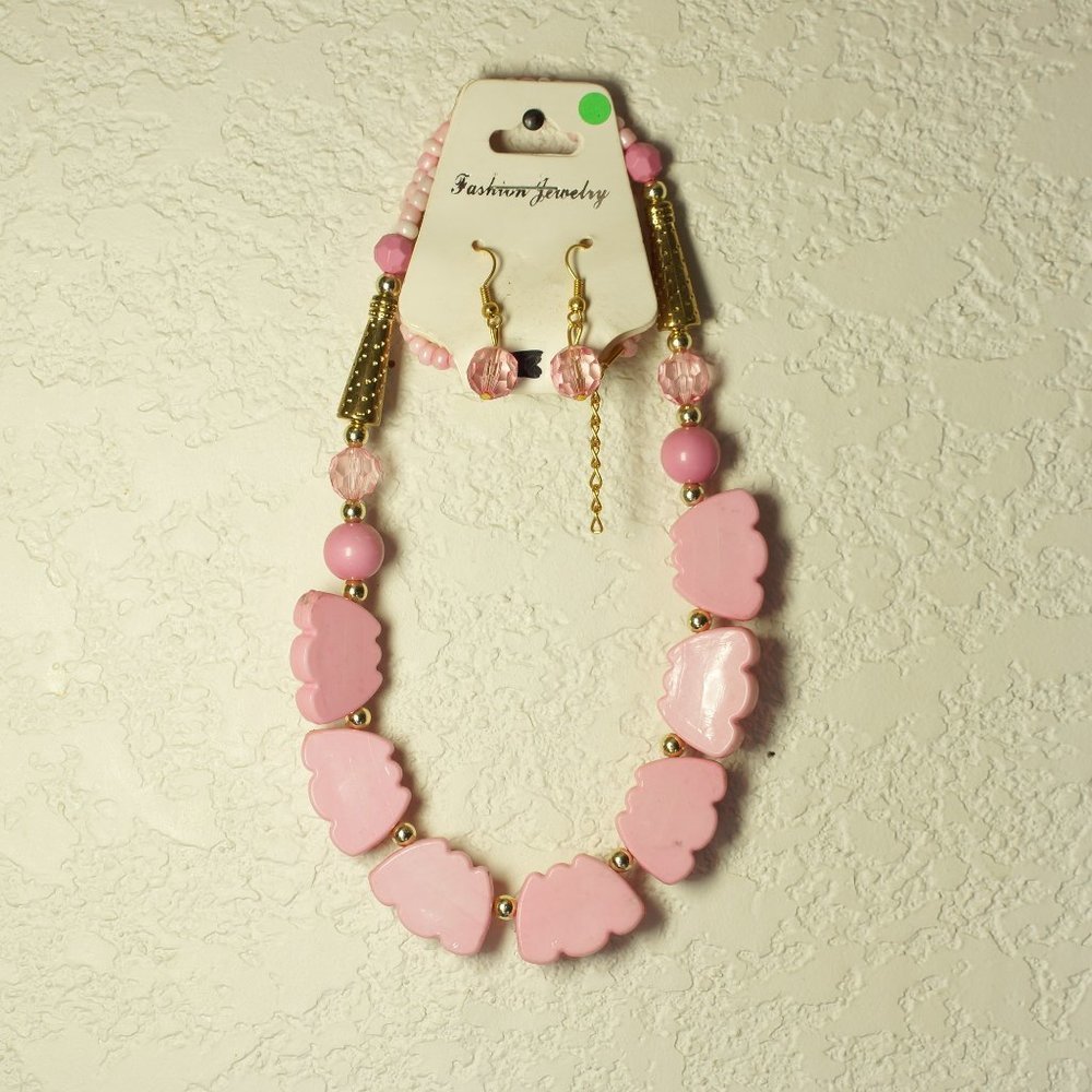 Pink Bead Necklace And Earring Set